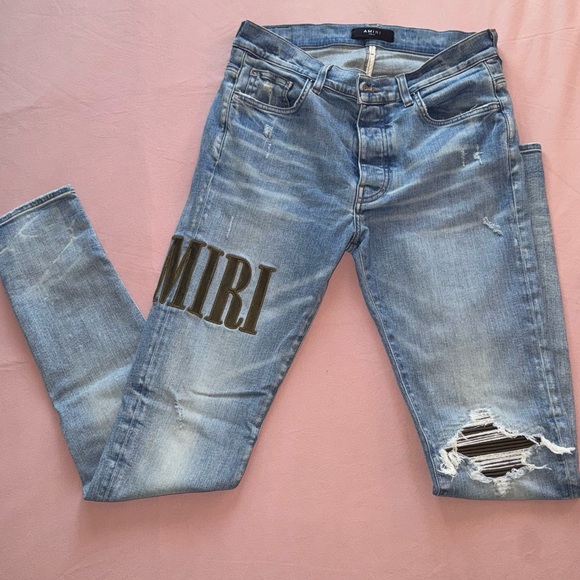 AMIRI Light Blue Distressed Skinny Jeans - Picture 1 of 4